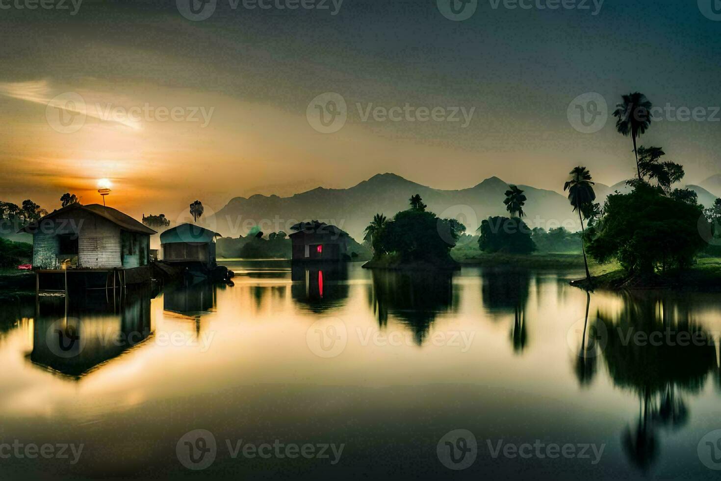 a beautiful sunset over a lake with houses and palm trees. AI-Generated photo