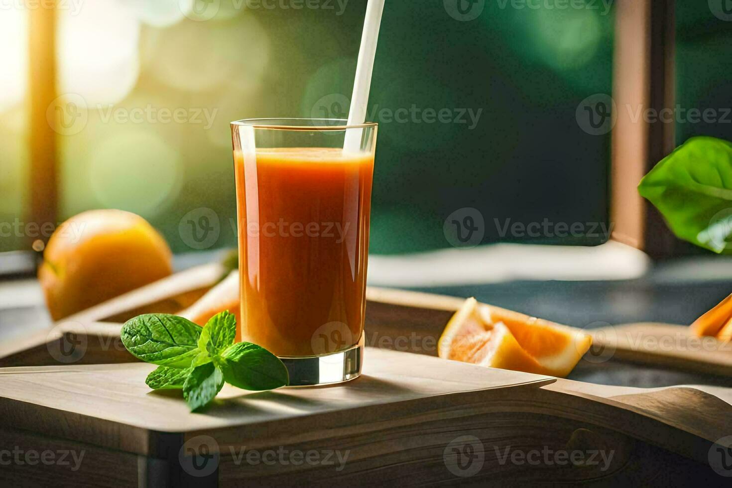 a glass of orange juice with a straw on a table. AI-Generated photo