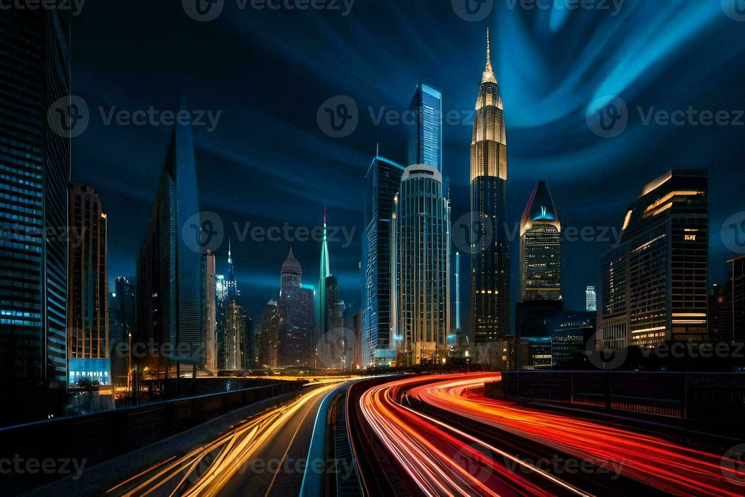 the city skyline at night with light trails. AI-Generated photo