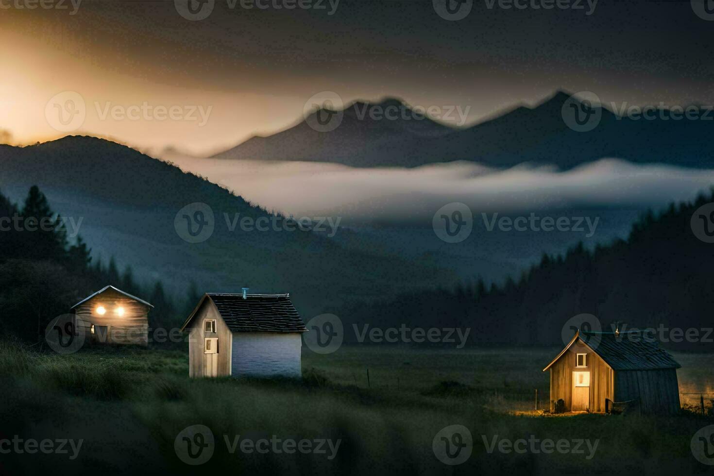 two small houses in the middle of a field. AI-Generated photo