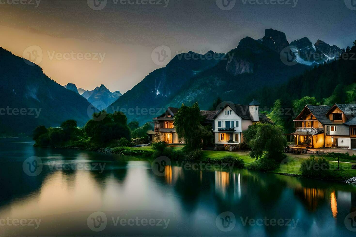 houses on the shore of a lake at dusk. AI-Generated photo