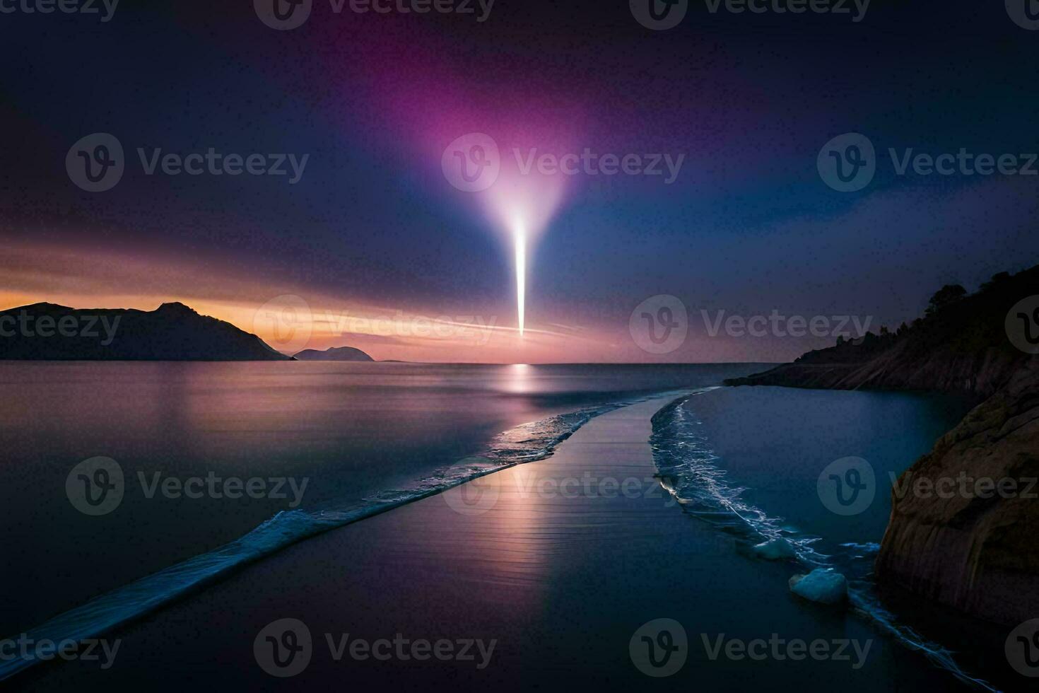 a rainbow light is shining over the ocean. AI-Generated photo