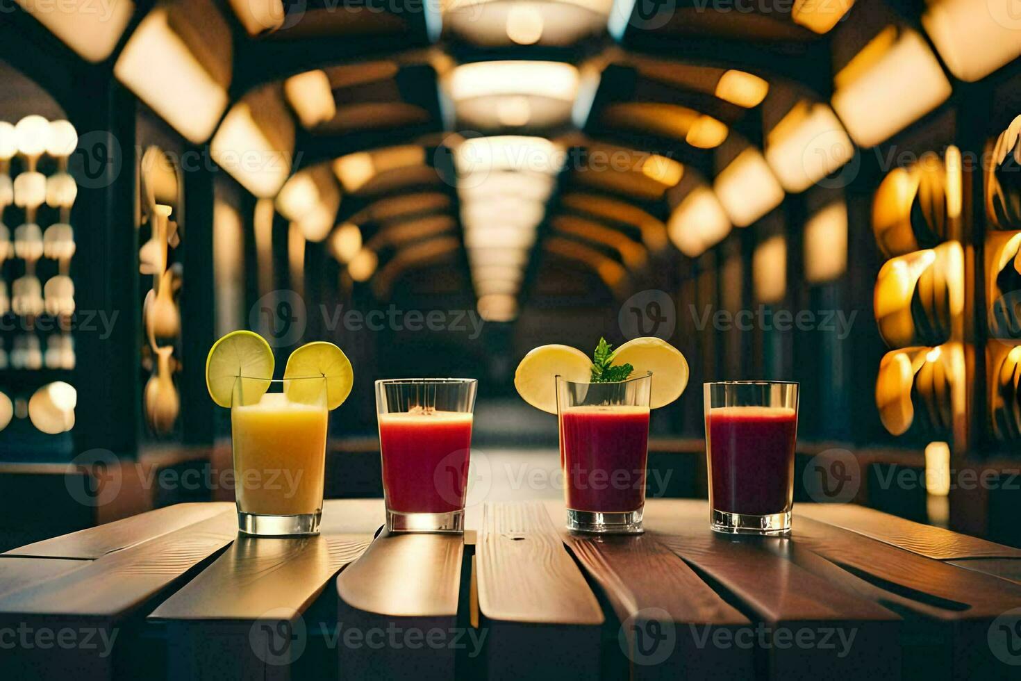 three glasses of juice on a wooden table. AI-Generated photo