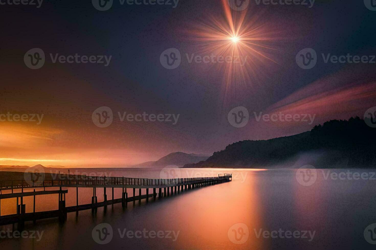 the sun shines over a pier at night. AI-Generated photo
