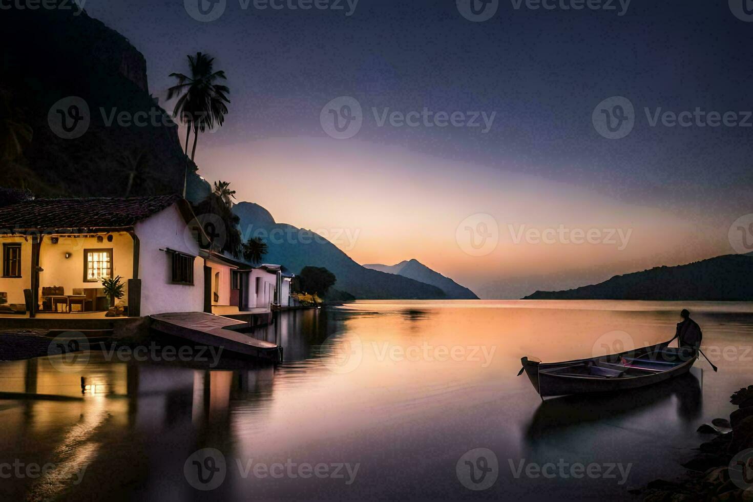 a boat is docked at the shore of a lake at sunset. AI-Generated photo