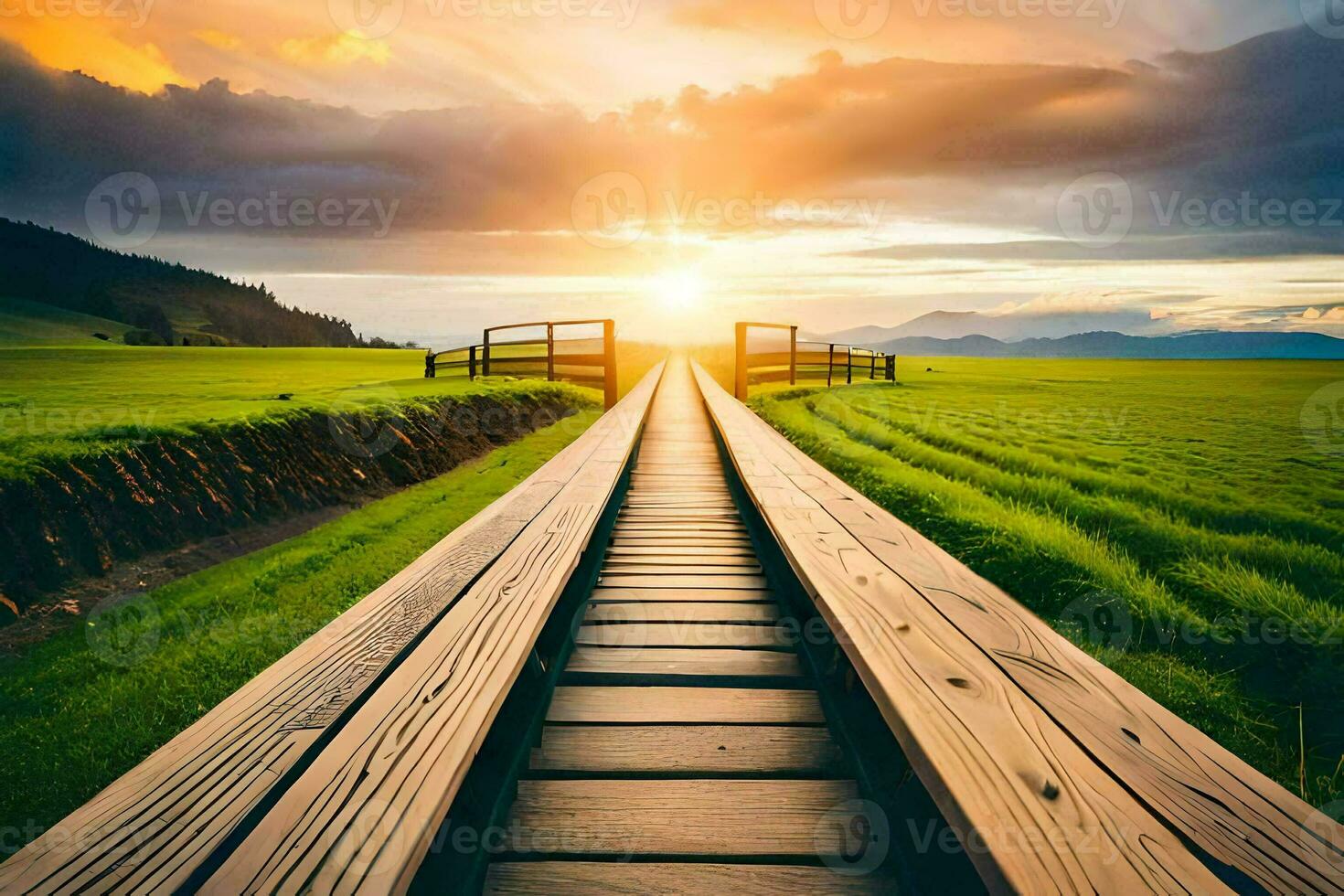 the sun rises over a wooden pathway in the middle of a green field. AI-Generated photo