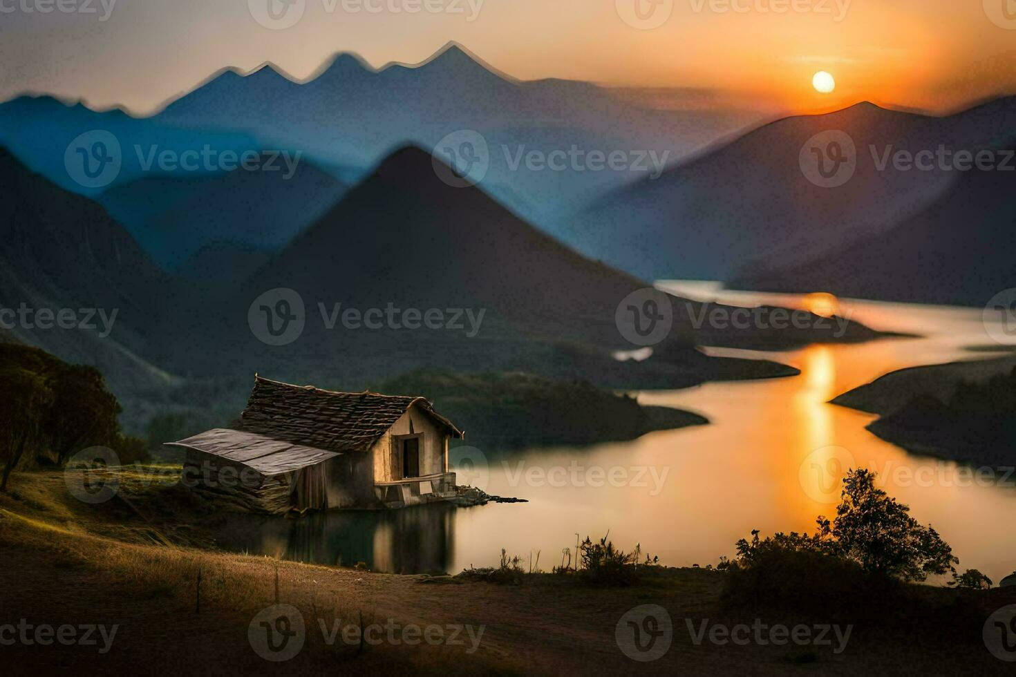 el Dom sube terminado el montañas y lago. generado por ai foto