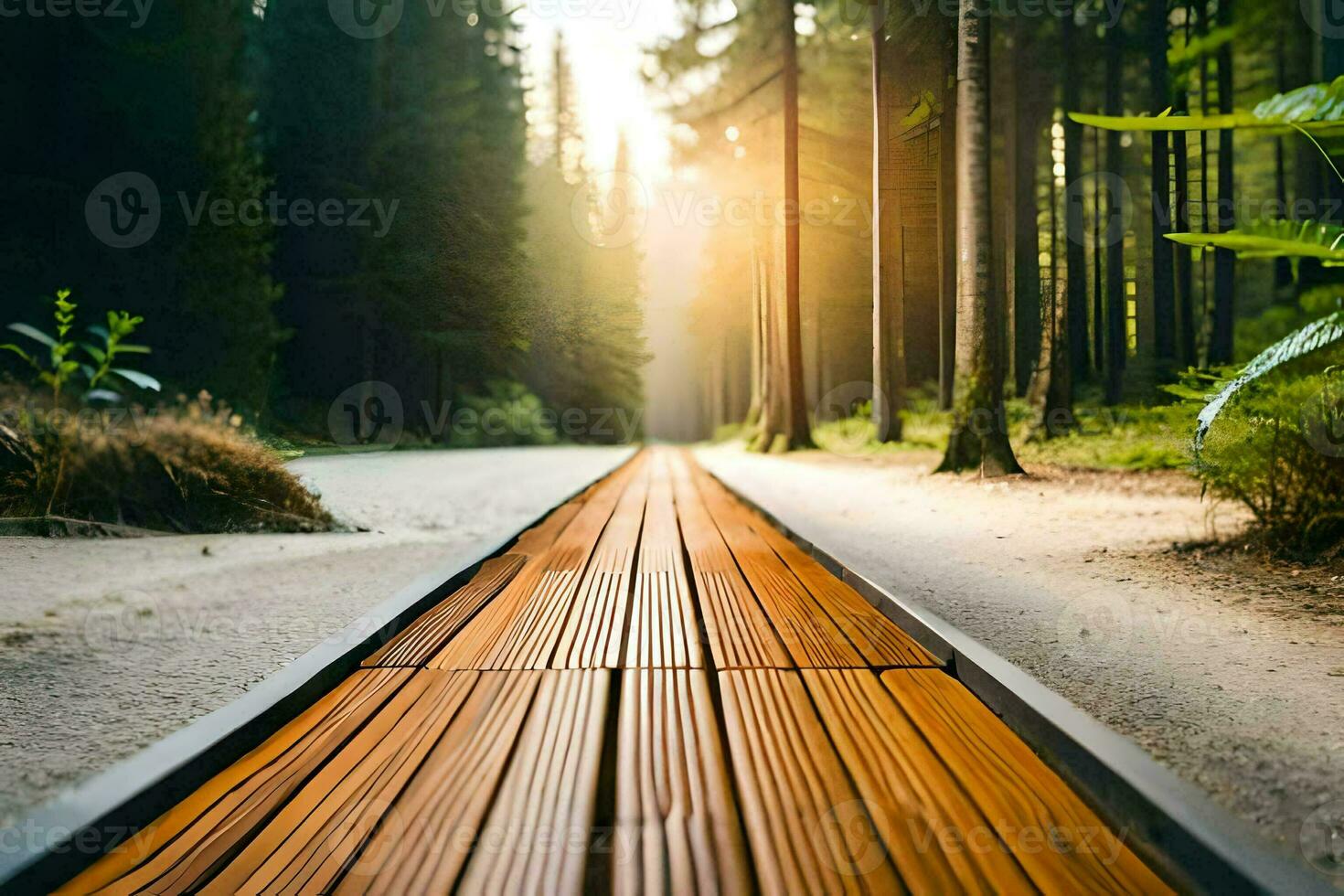 un de madera camino en el medio de un bosque. generado por ai foto