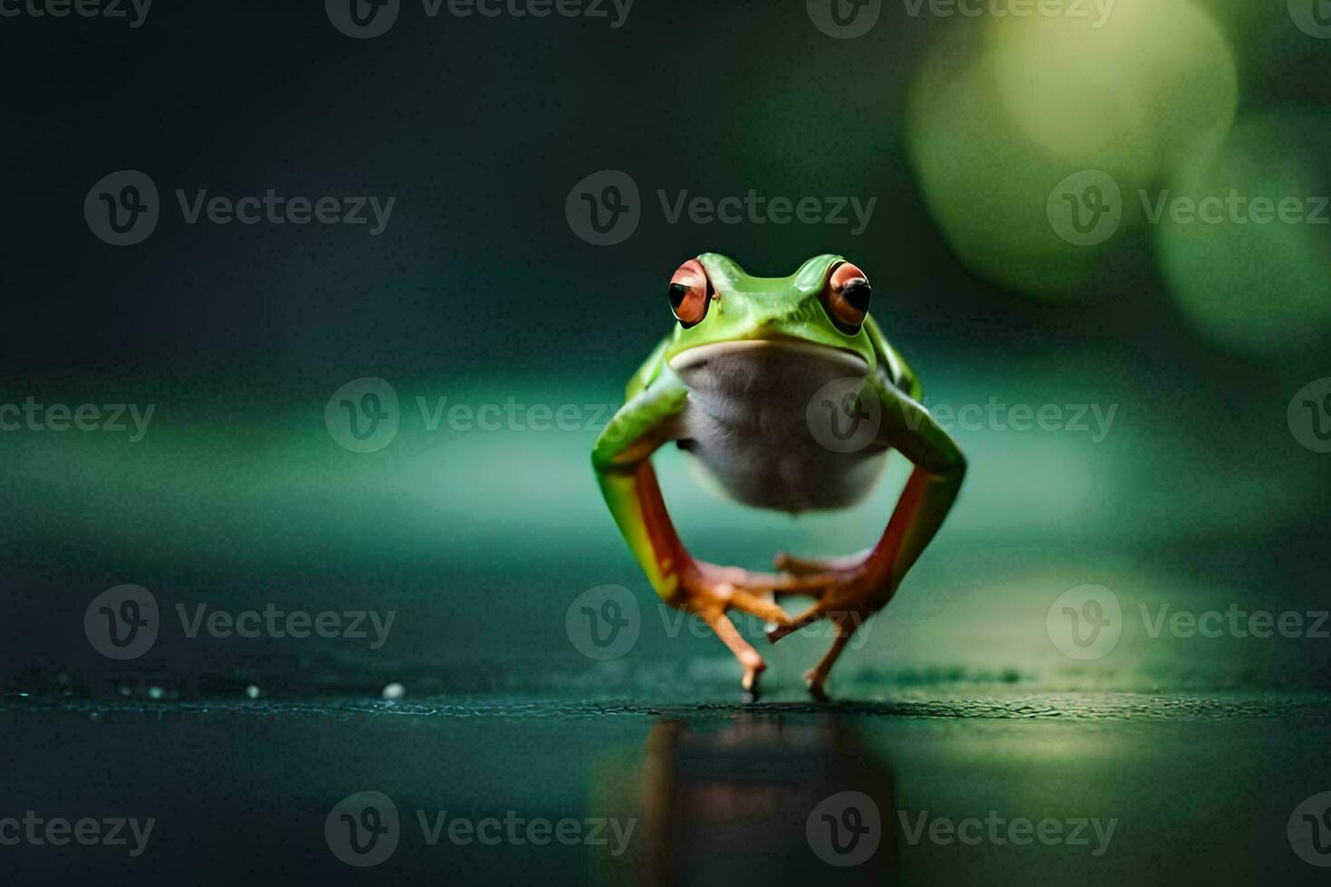 a frog is standing on its hind legs. AI-Generated photo