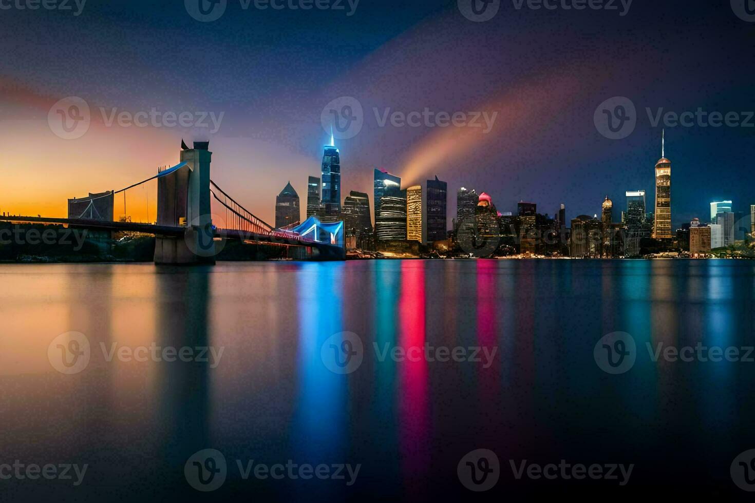 the city skyline at night with a rainbow in the sky. AI-Generated photo