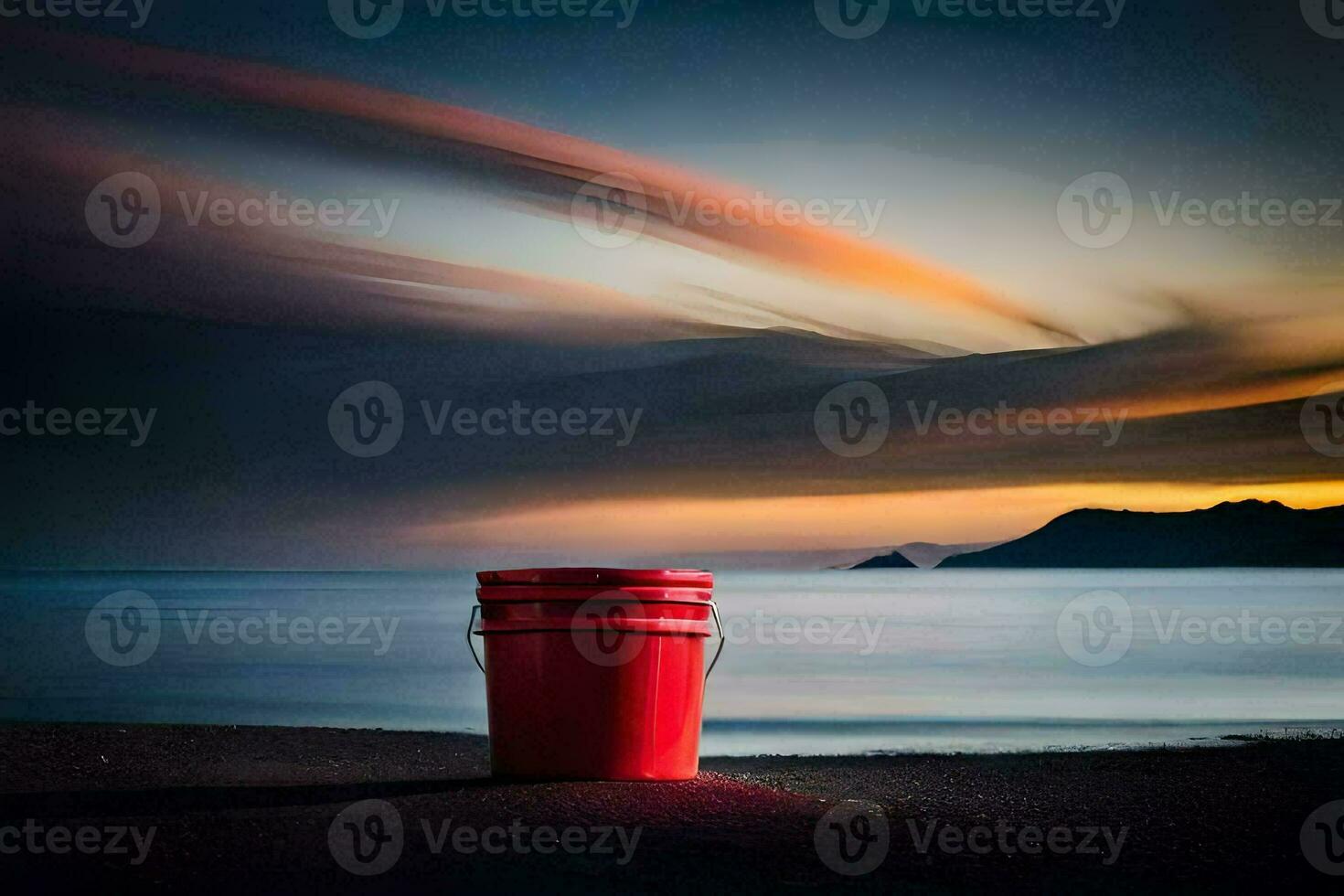 a red bucket sitting on the beach at sunset. AI-Generated photo
