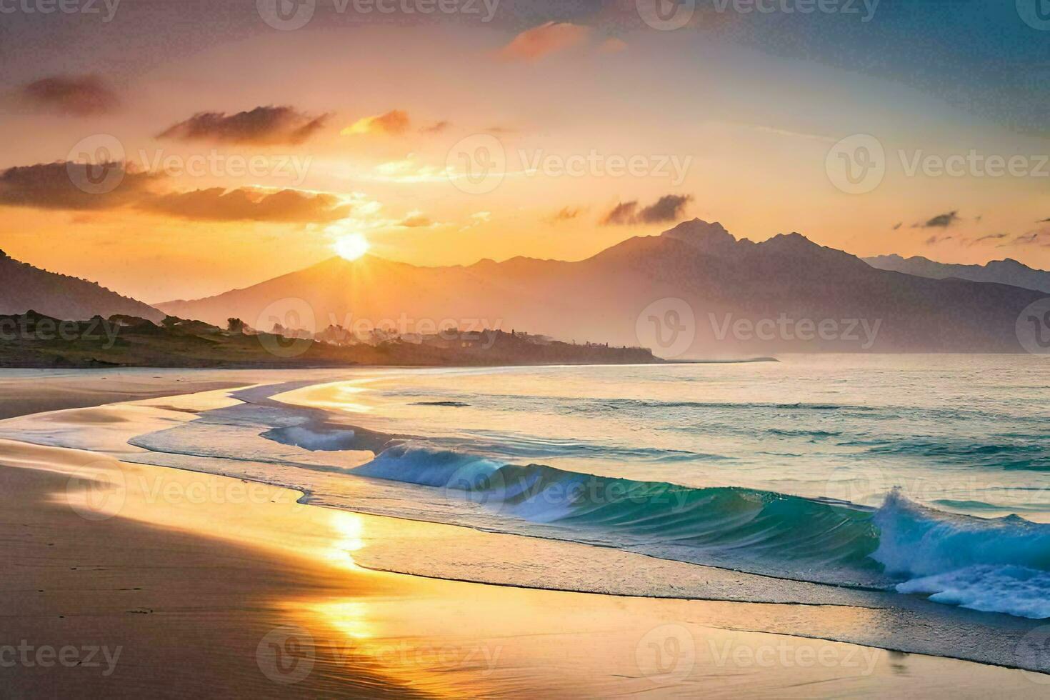 the sun sets on the beach in the mountains. AI-Generated photo