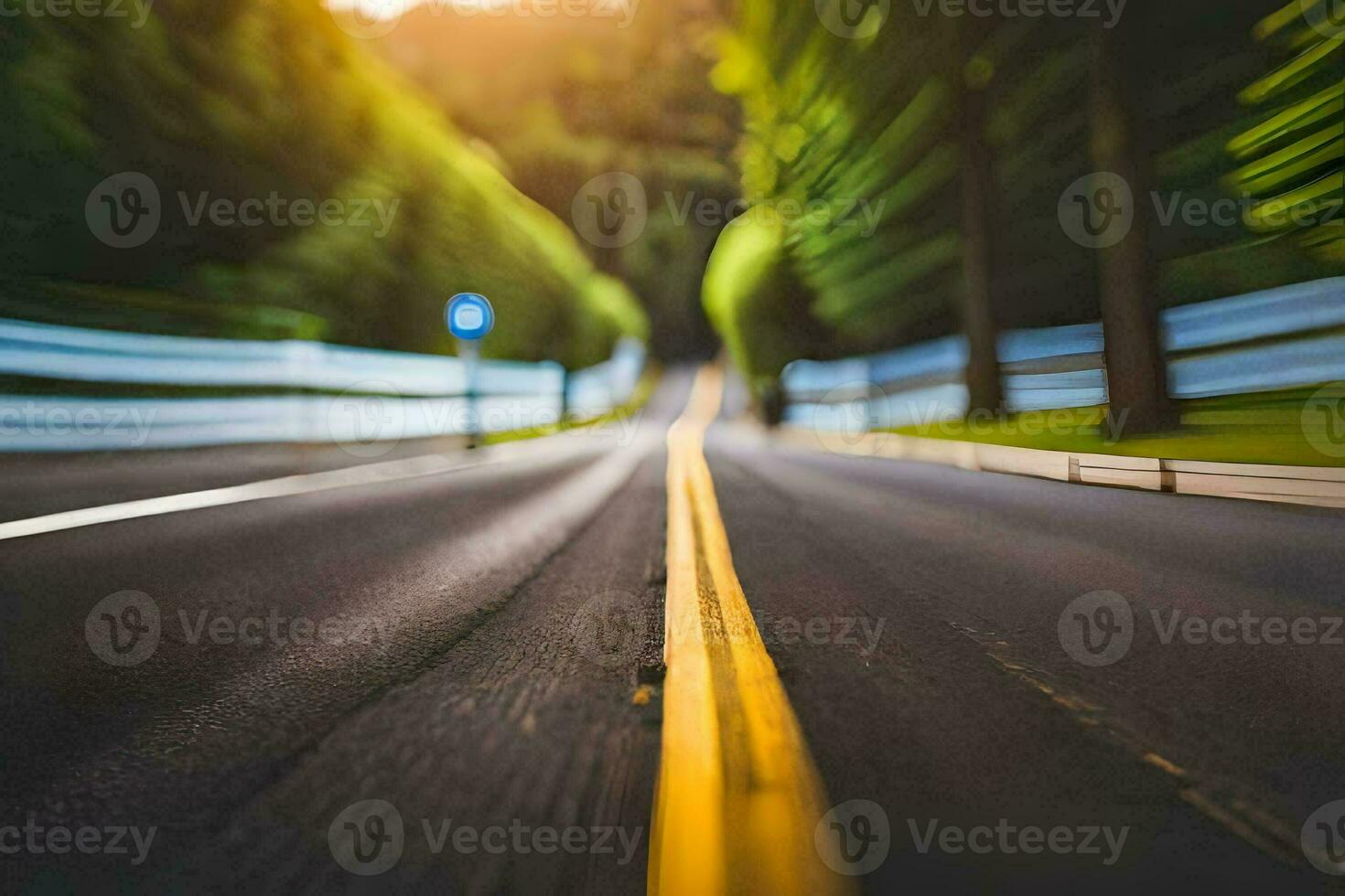 a blurry image of a road with trees and a yellow line. AI-Generated photo