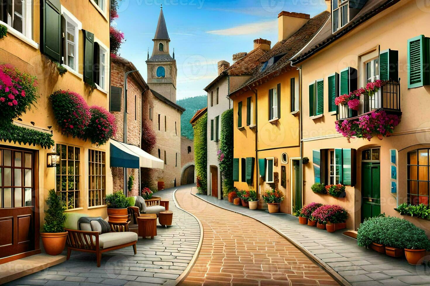 a painting of a street with flowers and chairs. AI-Generated photo