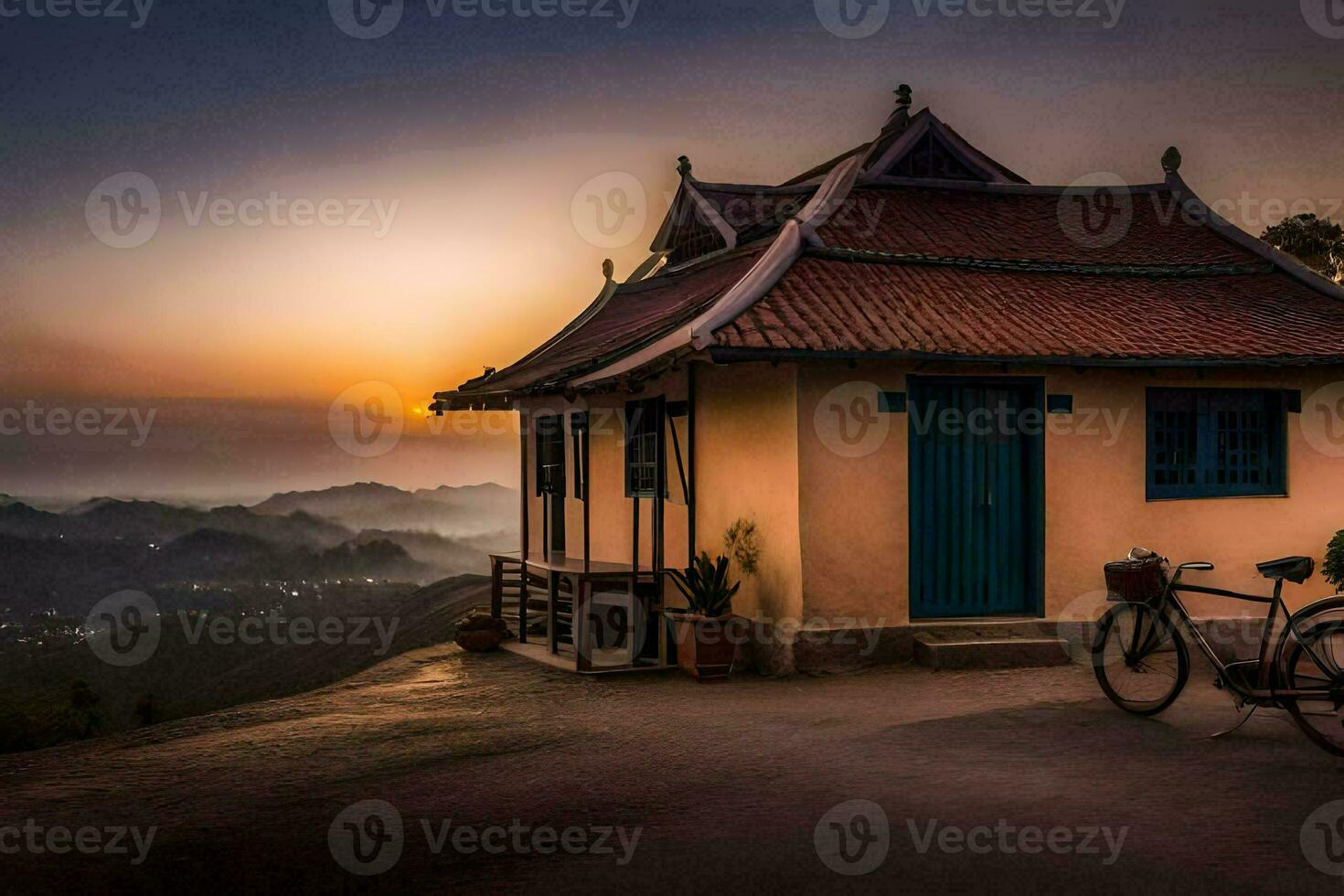 a small house with a bicycle parked in front of it. AI-Generated photo
