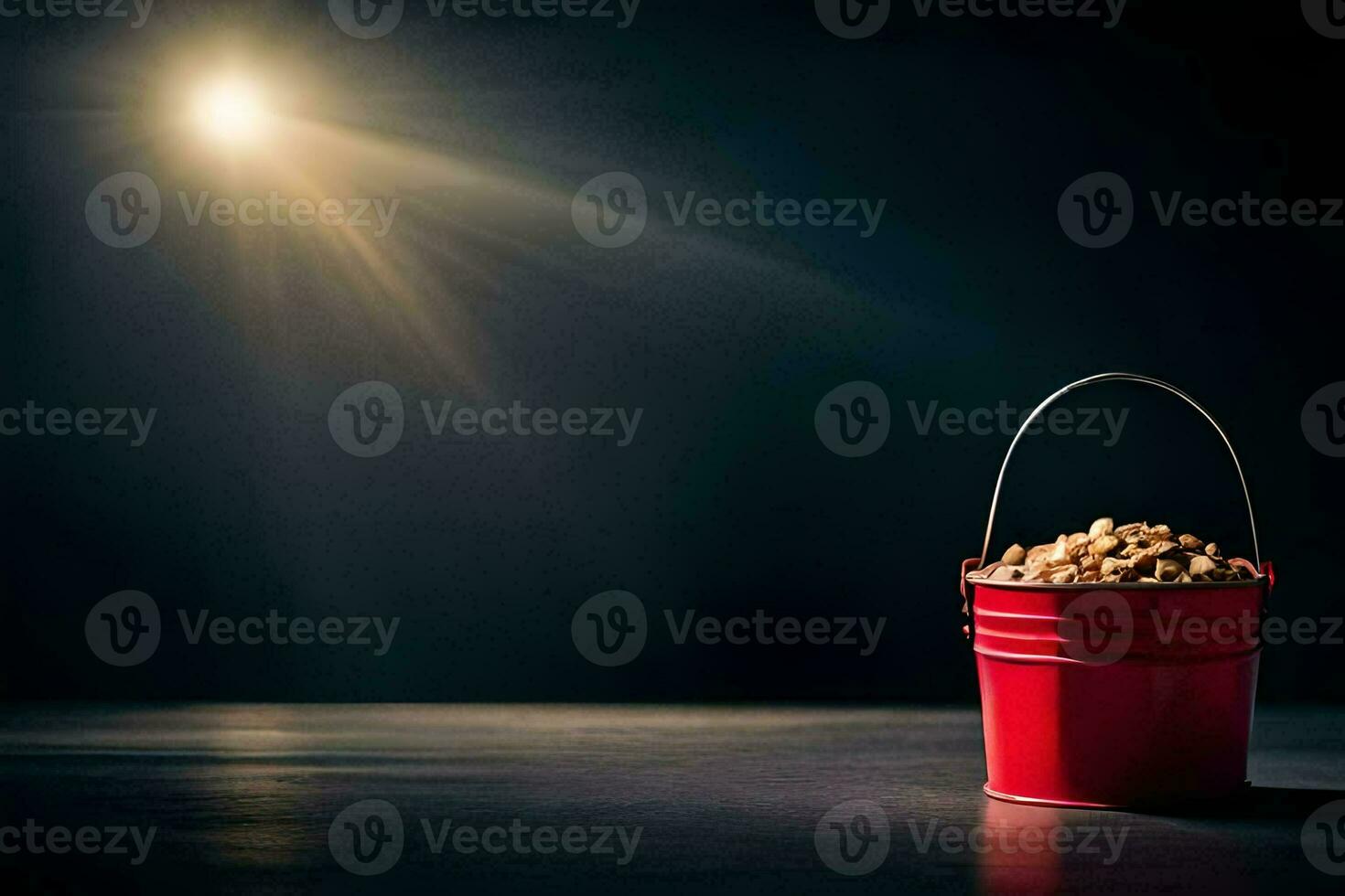 a bucket filled with peanuts on a dark table. AI-Generated photo