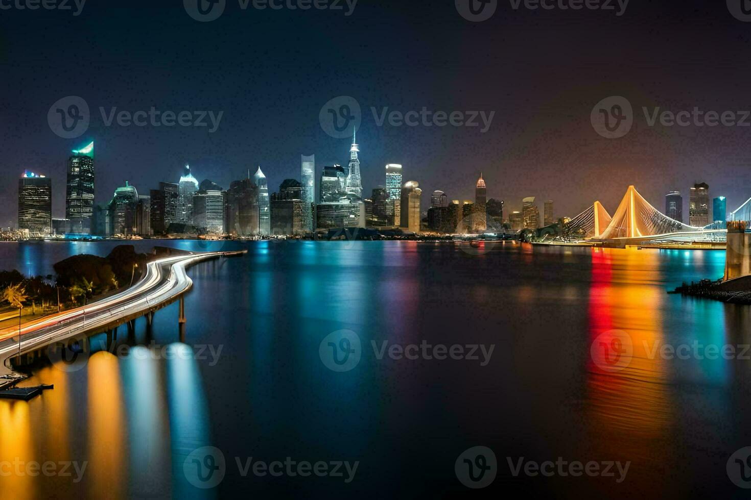 the city skyline at night with lights on the water. AI-Generated photo
