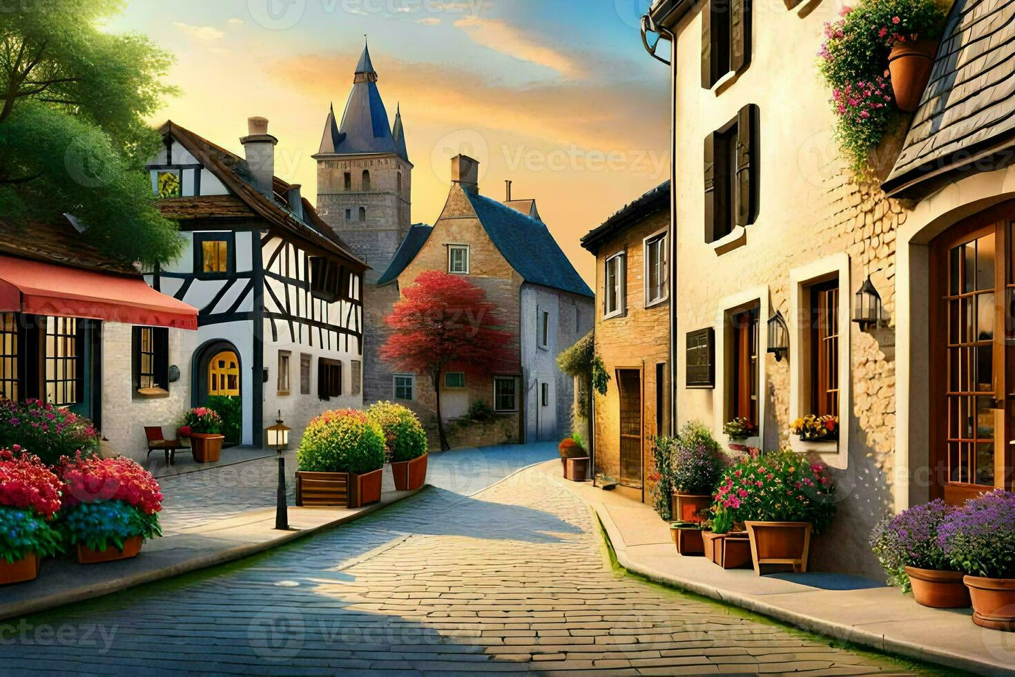 an illustration of a street in europe. AI-Generated photo