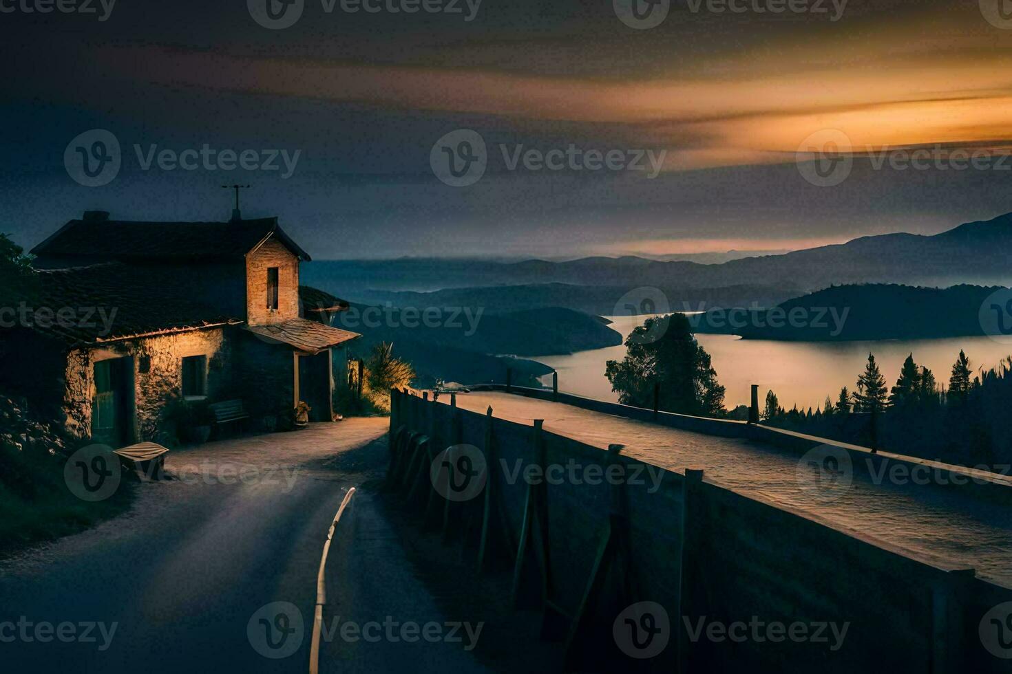 a road leading to a house with a lake in the background. AI-Generated photo