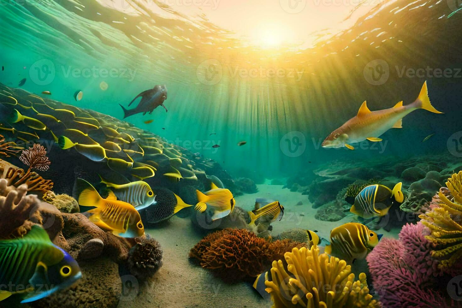 an underwater scene with fish and coral reefs. AI-Generated photo