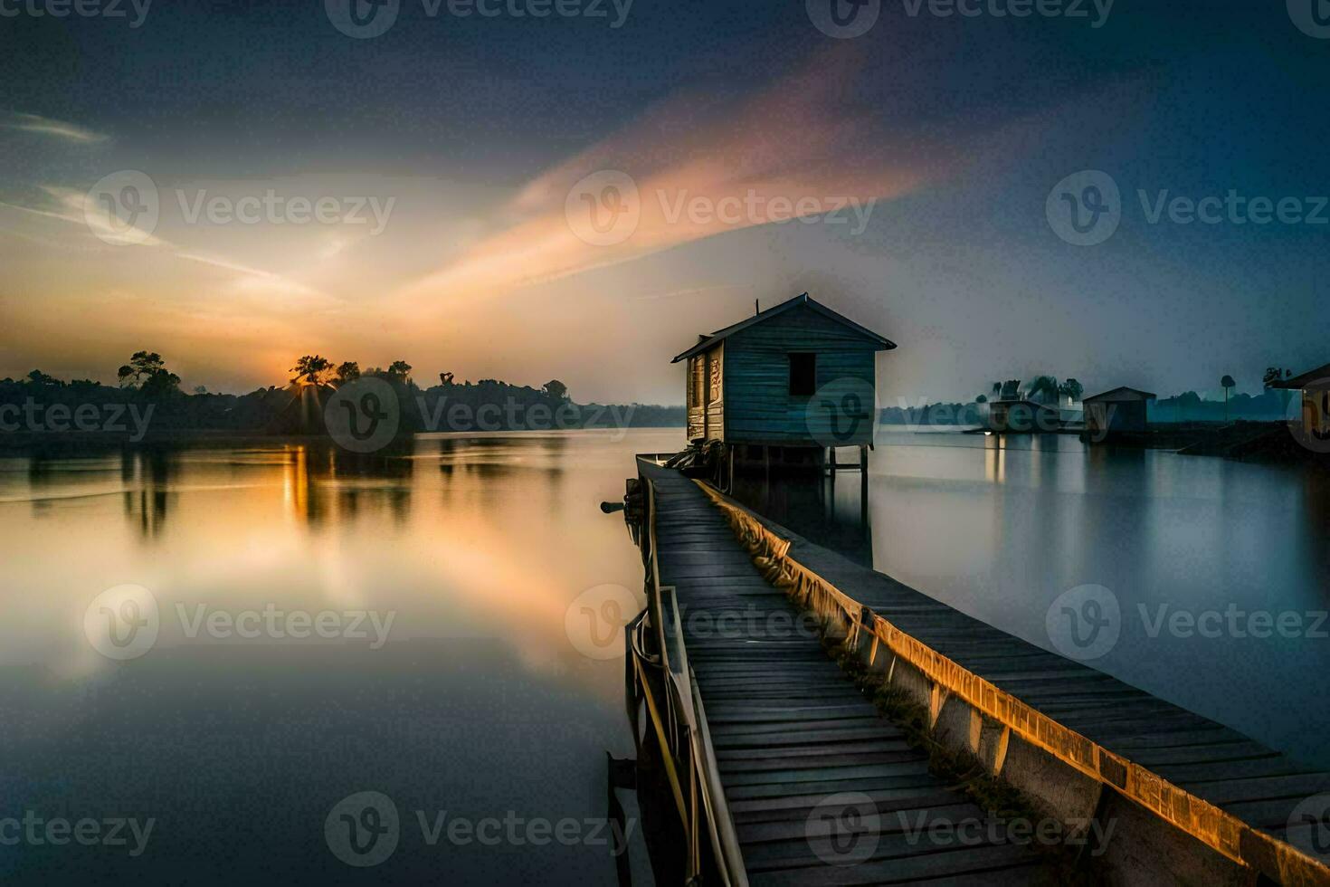 a wooden dock with a house on it at sunset. AI-Generated photo