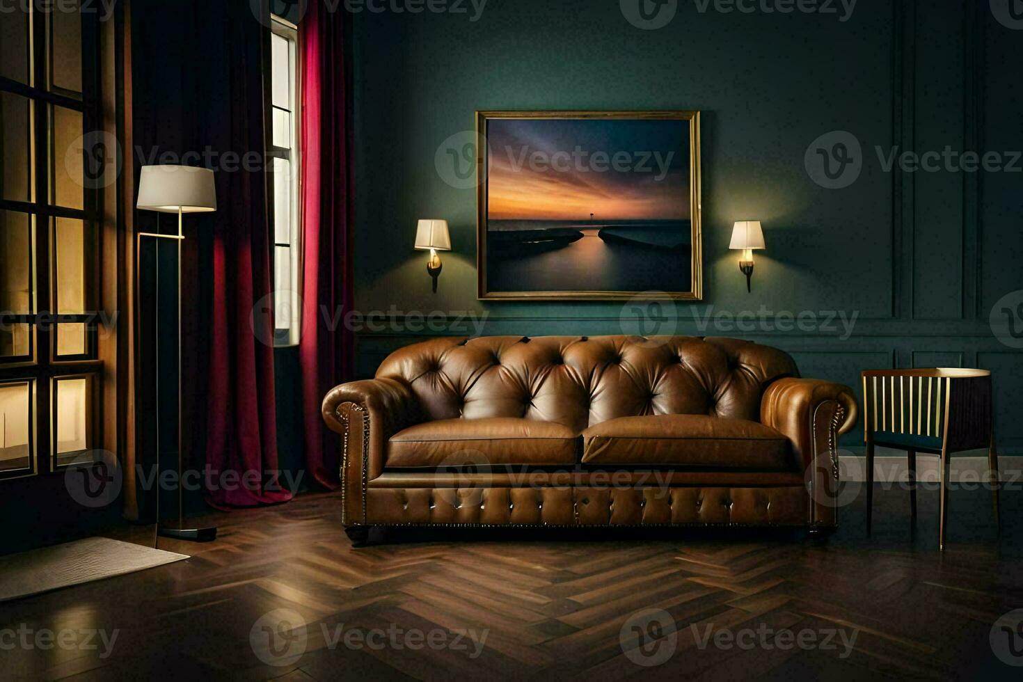 a leather sofa in a room with a painting on the wall. AI-Generated photo