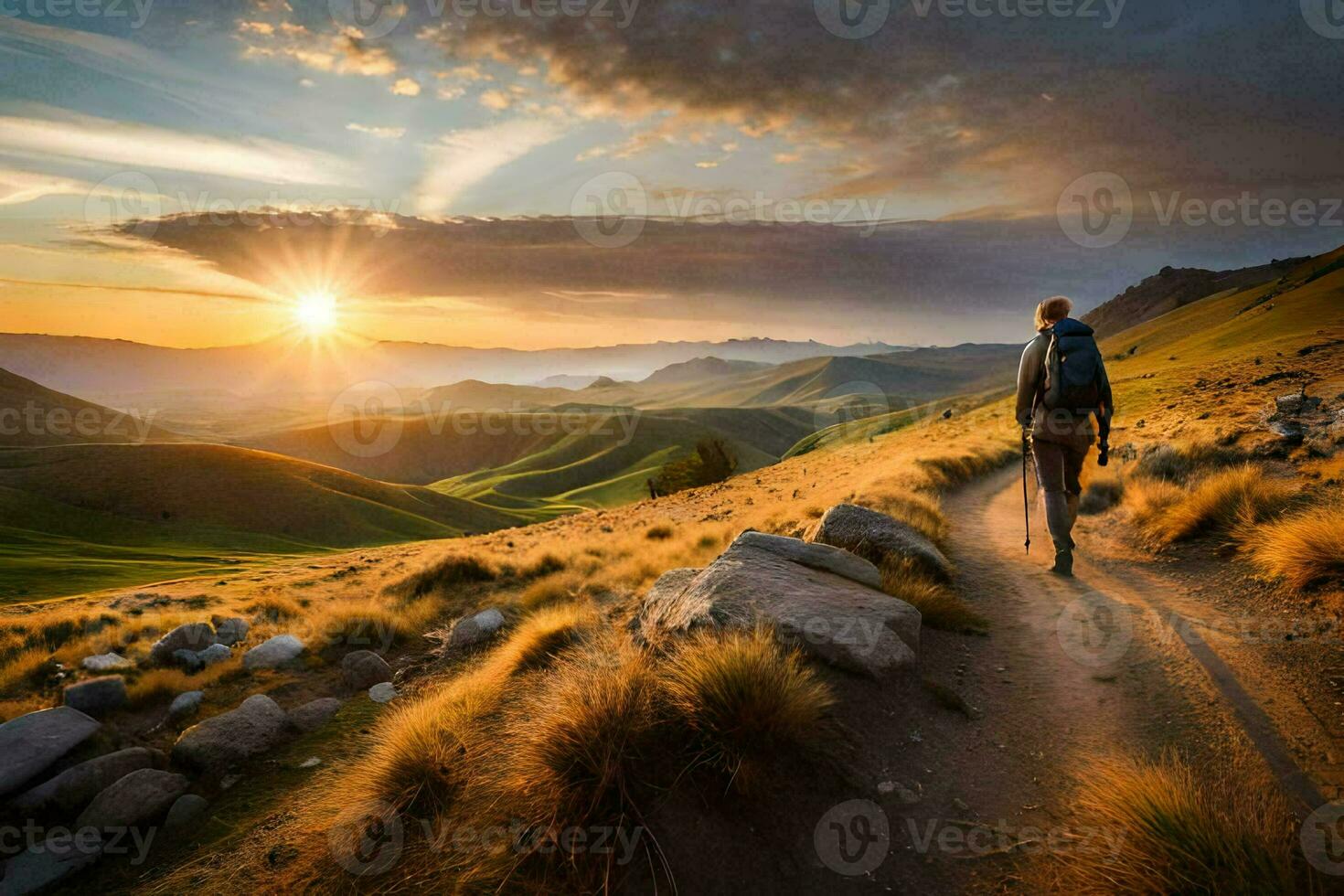 a man walks on a trail in the mountains. AI-Generated photo