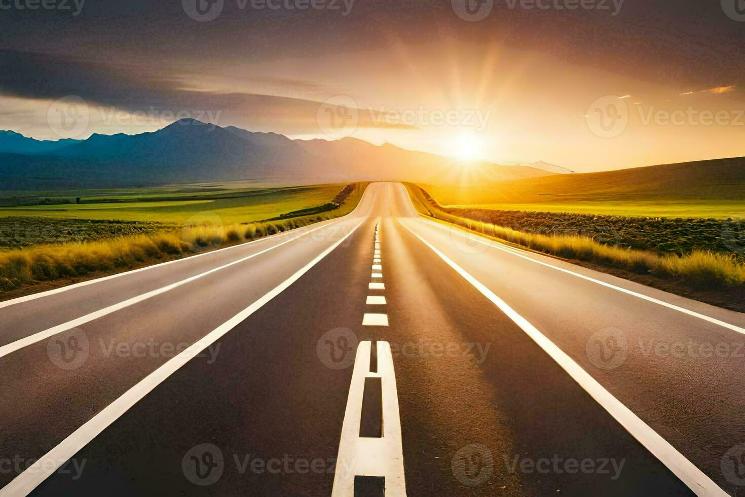 an empty road with the sun setting behind it. AI-Generated photo