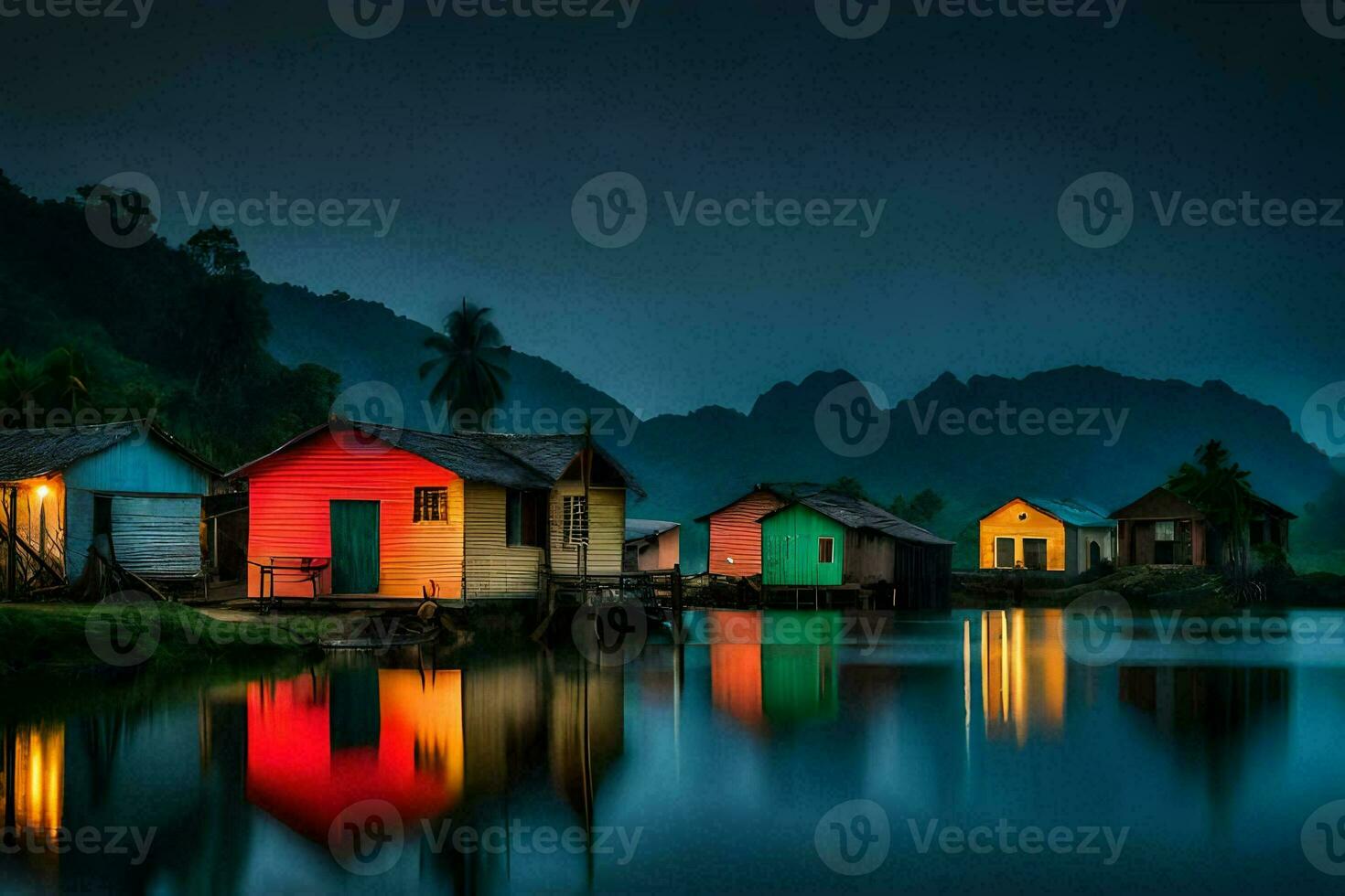 colorful houses on the water at night. AI-Generated photo