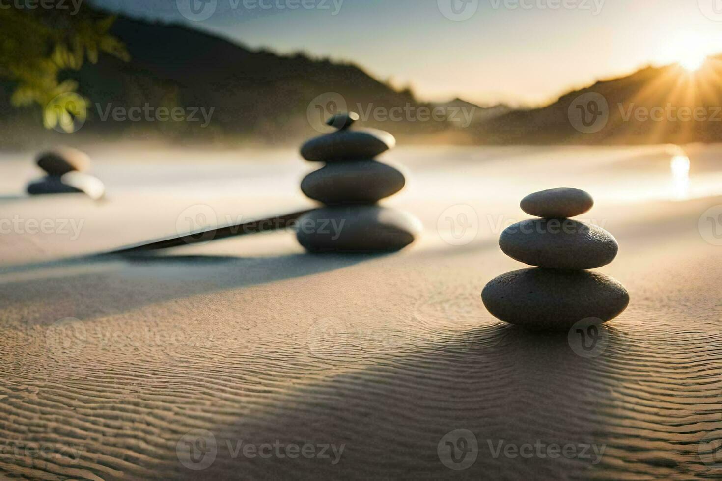 rocks stacked on the beach at sunset. AI-Generated photo