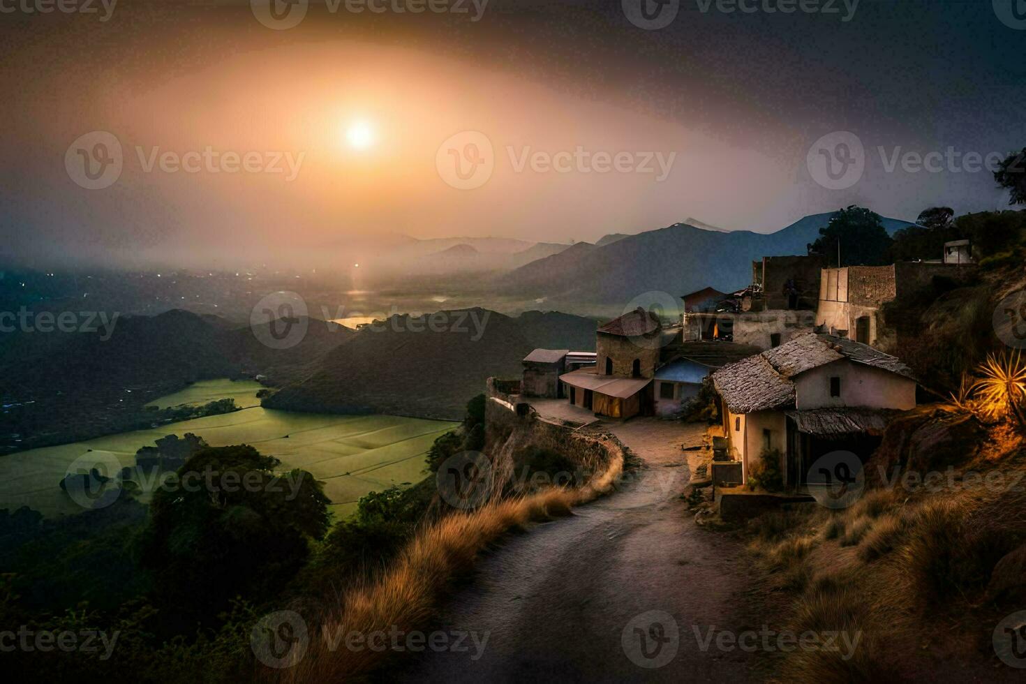 the sun sets over a village on a hill. AI-Generated photo
