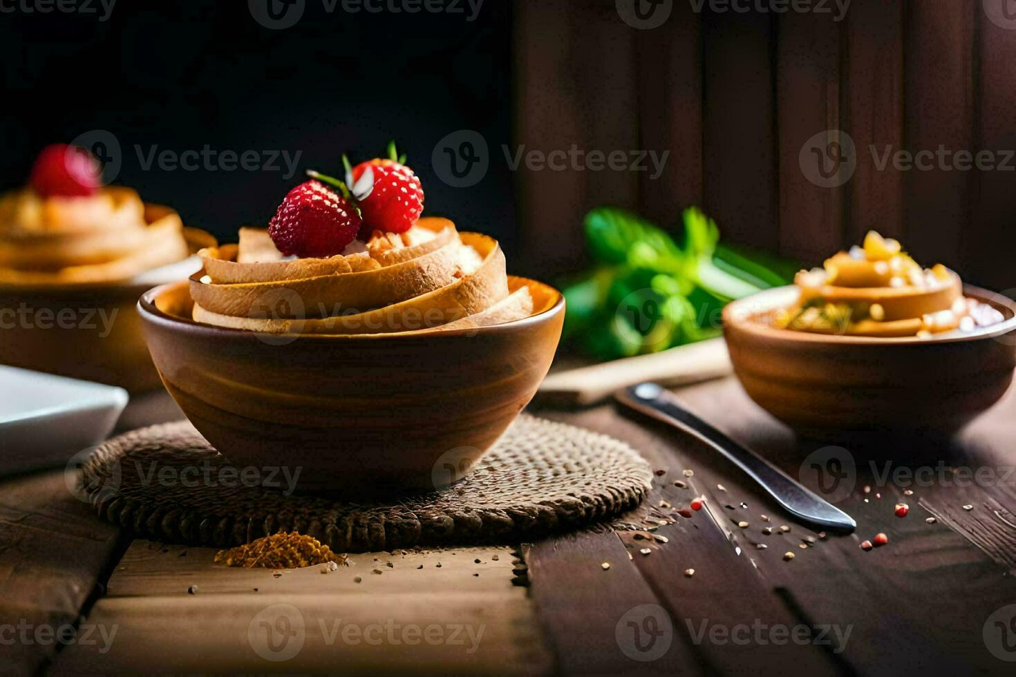 a bowl of dessert with strawberries and spices. AI-Generated photo