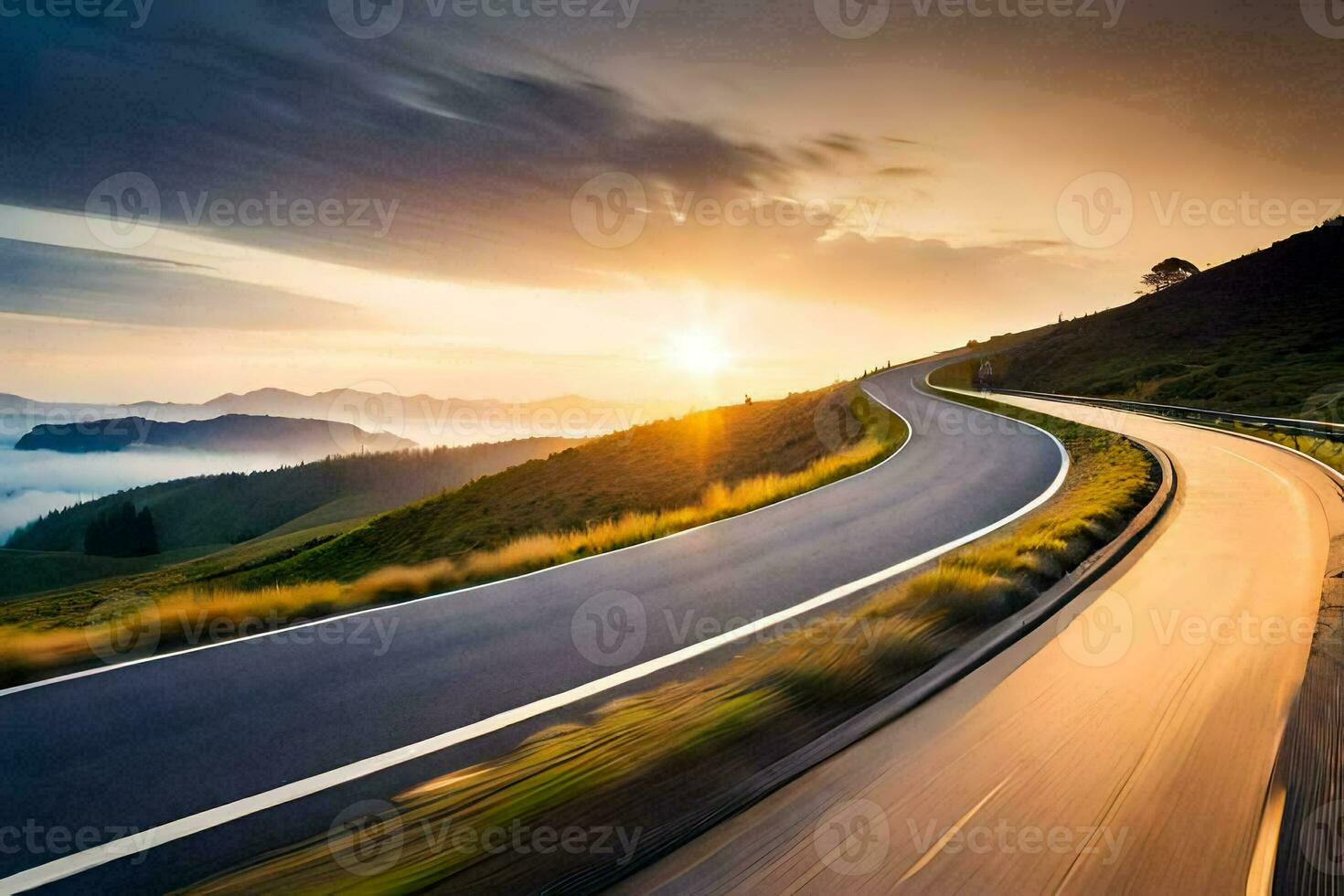 a winding road in the mountains with the sun setting. AI-Generated photo