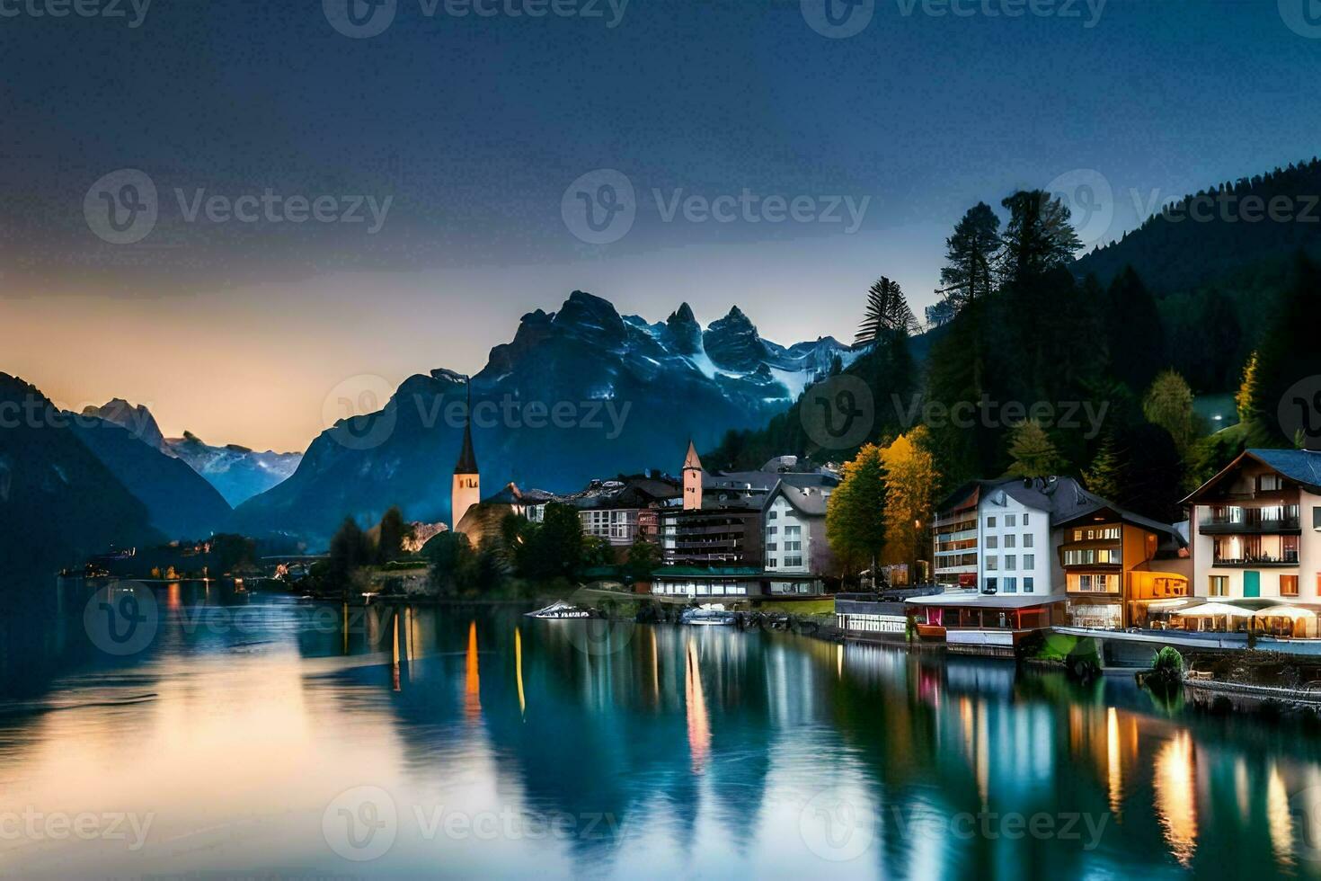 a town on the lake at dusk with mountains in the background. AI-Generated photo