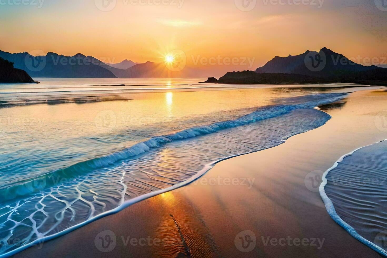 the sun sets over a beach and mountains. AI-Generated photo