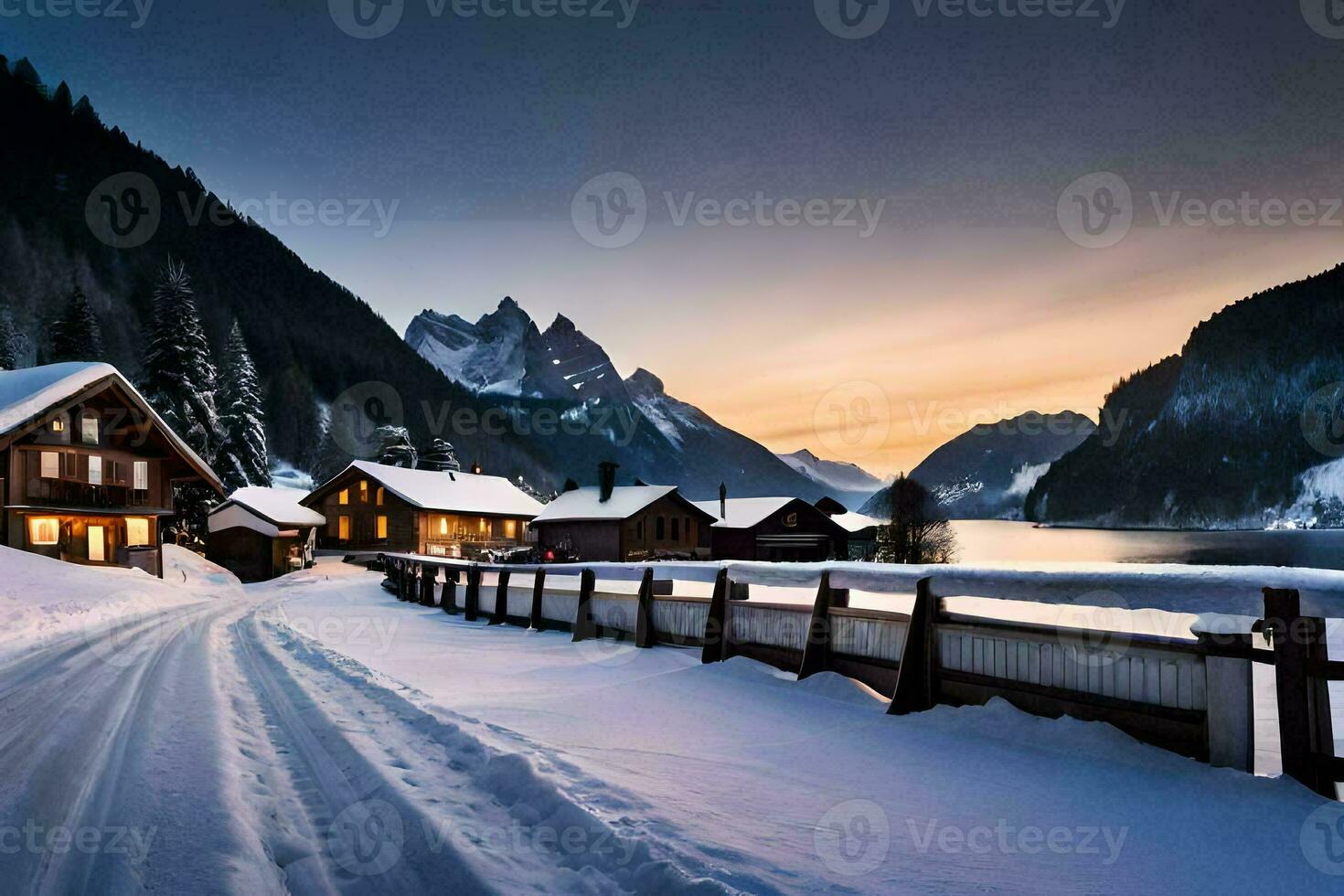 a snowy road leads to a mountain village. AI-Generated photo