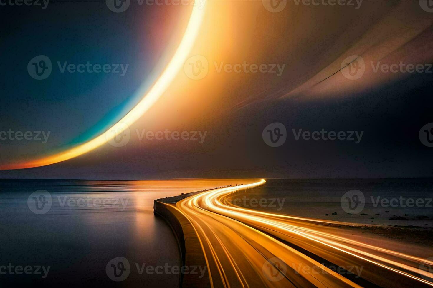a long exposure photograph of a road and a light trail. AI-Generated photo