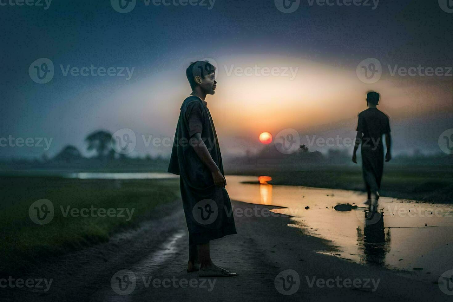 two boys stand on the road at sunset. AI-Generated photo