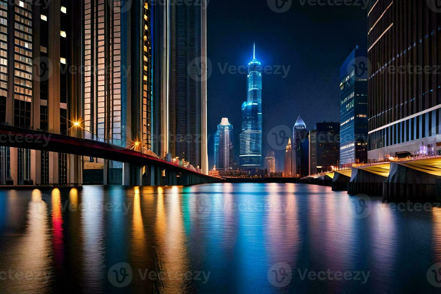 the city skyline at night with the reflection of the water. AI-Generated photo