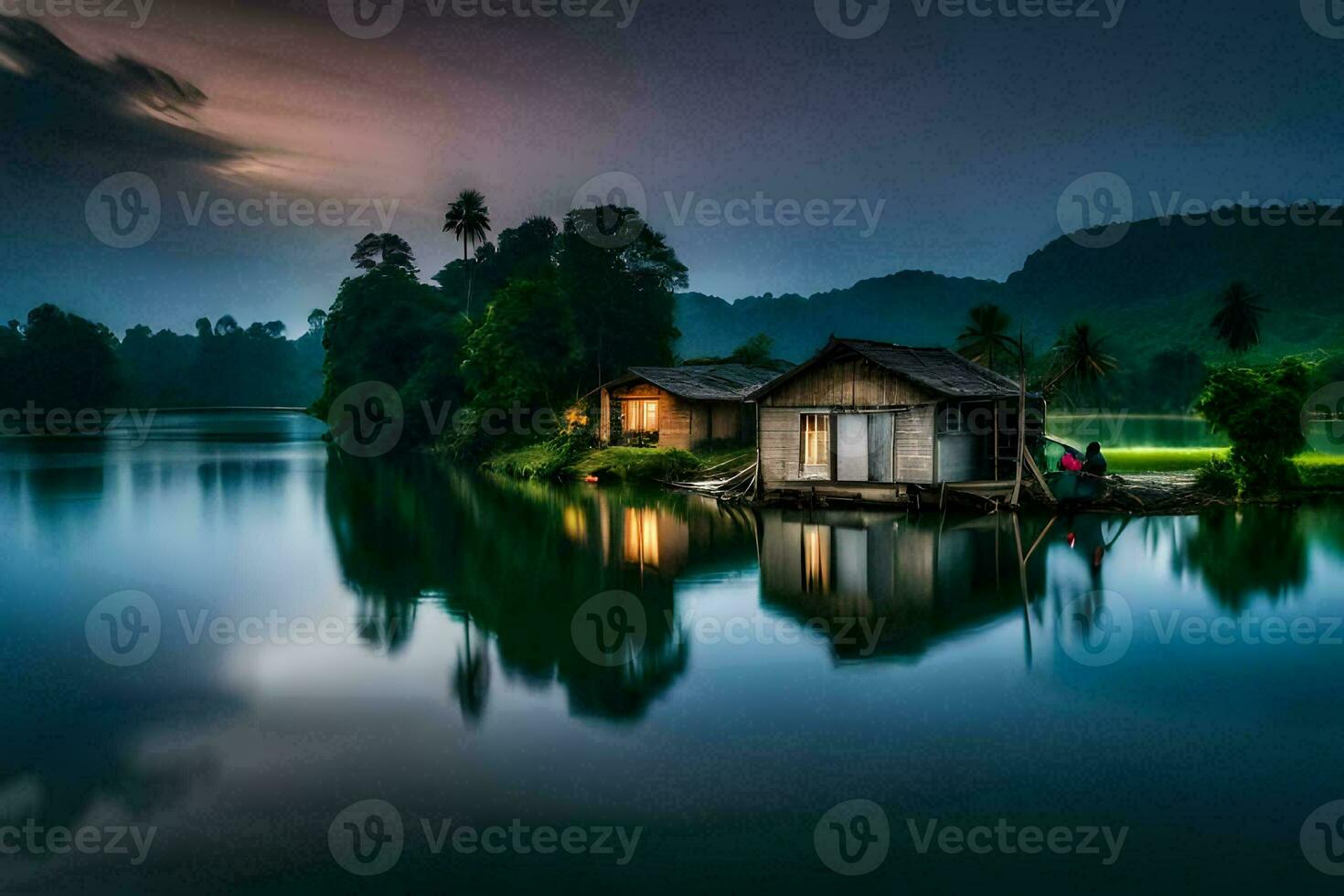 a house on the water at night. AI-Generated photo