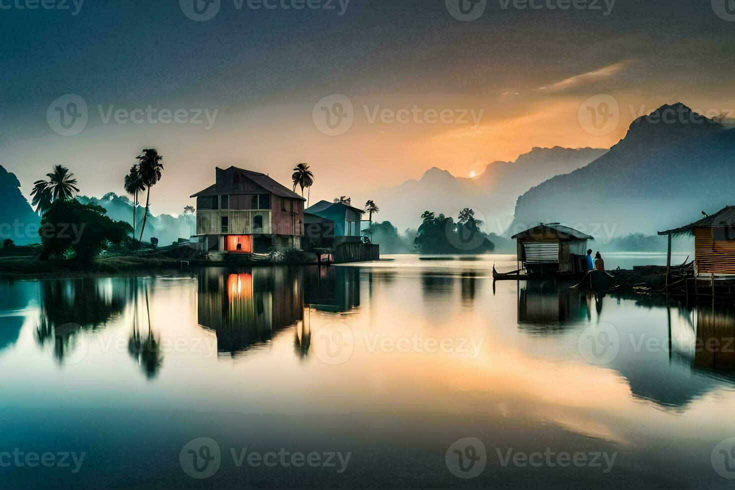 a house on the water in front of mountains. AI-Generated photo
