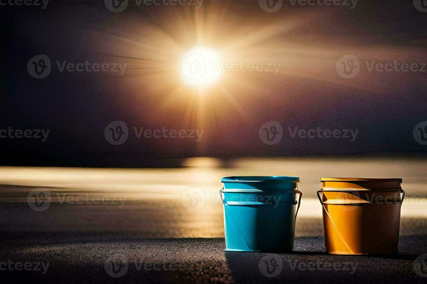two buckets sit on the beach at sunset. AI-Generated photo