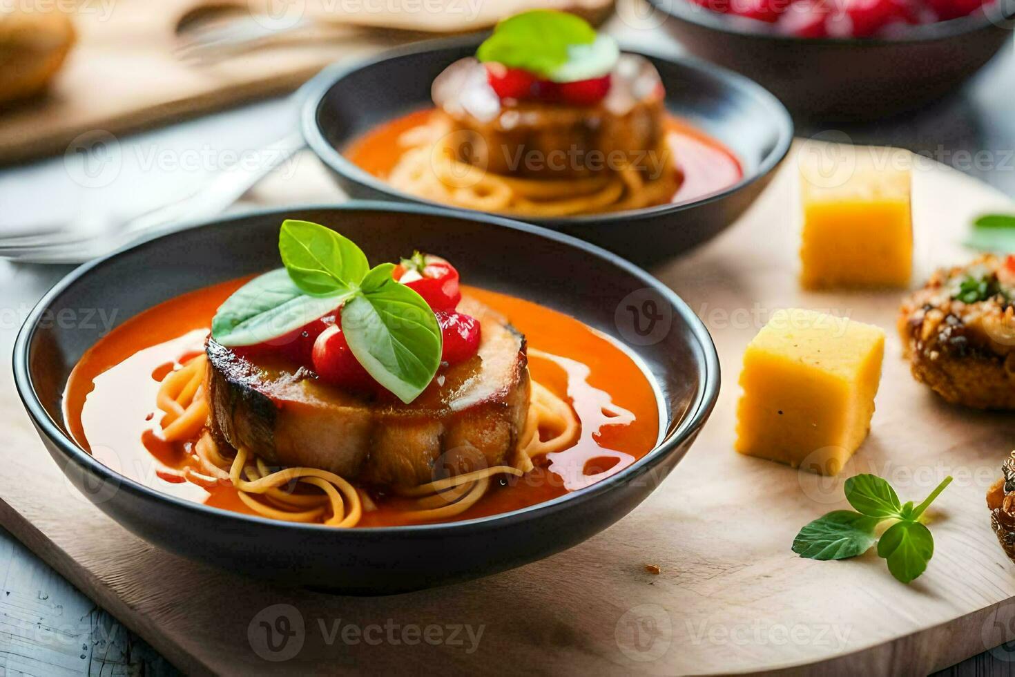 a wooden cutting board with pasta, meat and cheese. AI-Generated photo