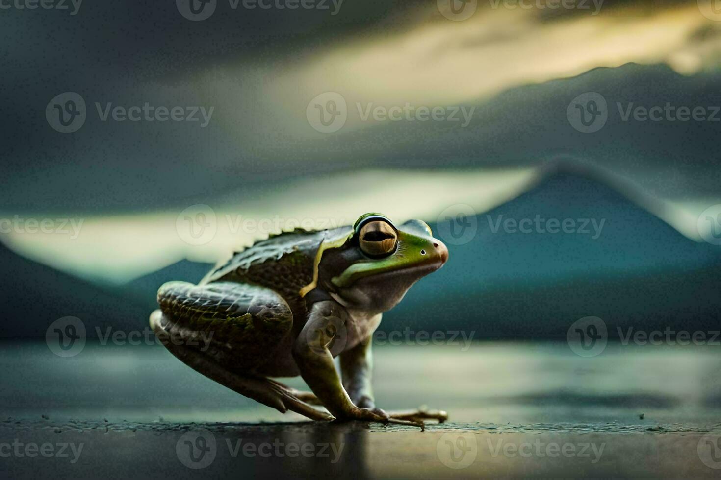 a frog sitting on the ground in front of a lake. AI-Generated photo