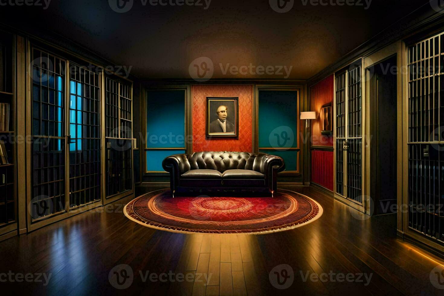 a room with a leather couch and a painting on the wall. AI-Generated photo