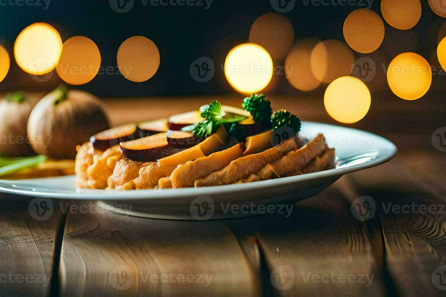 un plato de comida con vegetales y carne en un de madera mesa. generado por ai foto