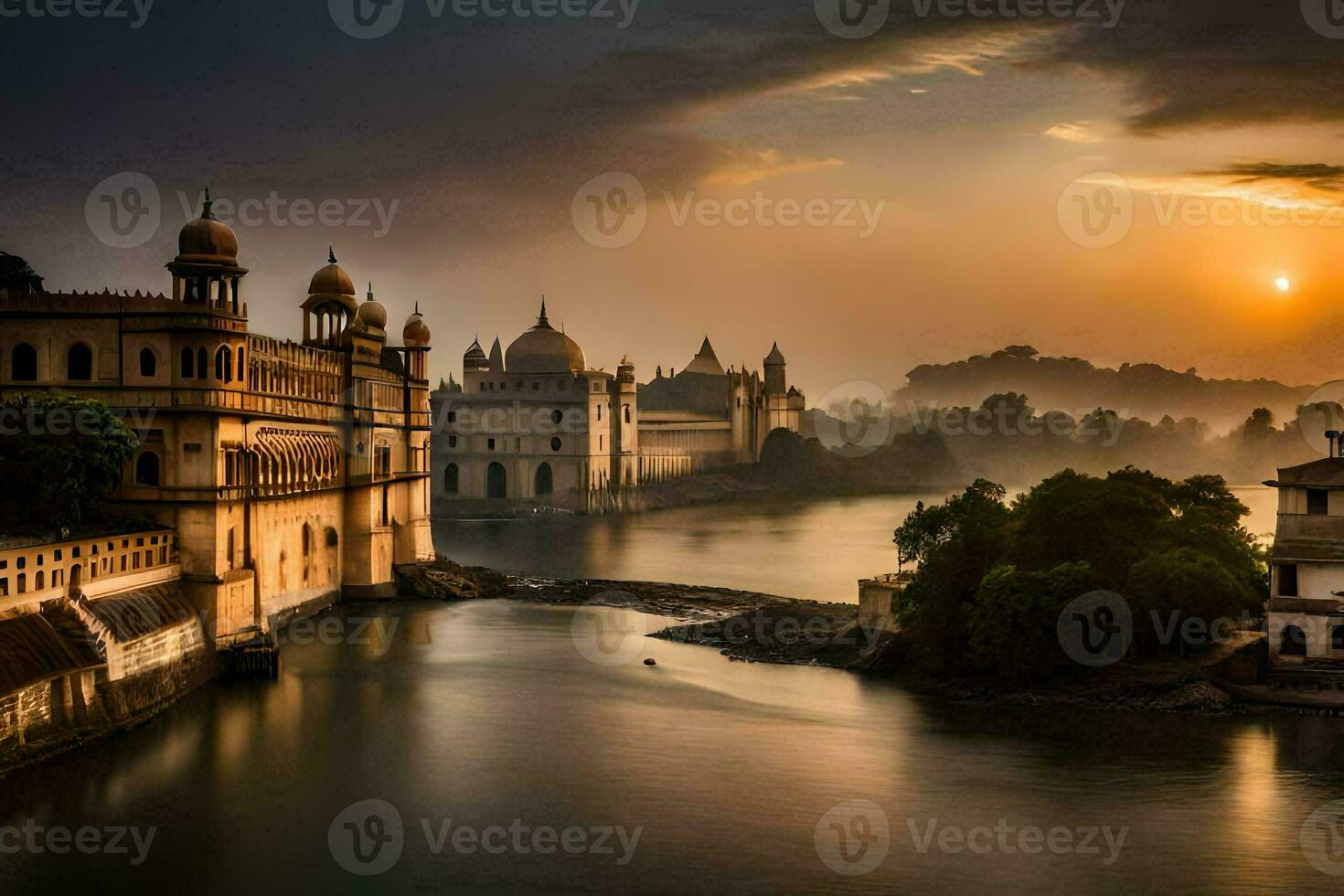 el Dom sube terminado el ciudad de udaipur. generado por ai foto