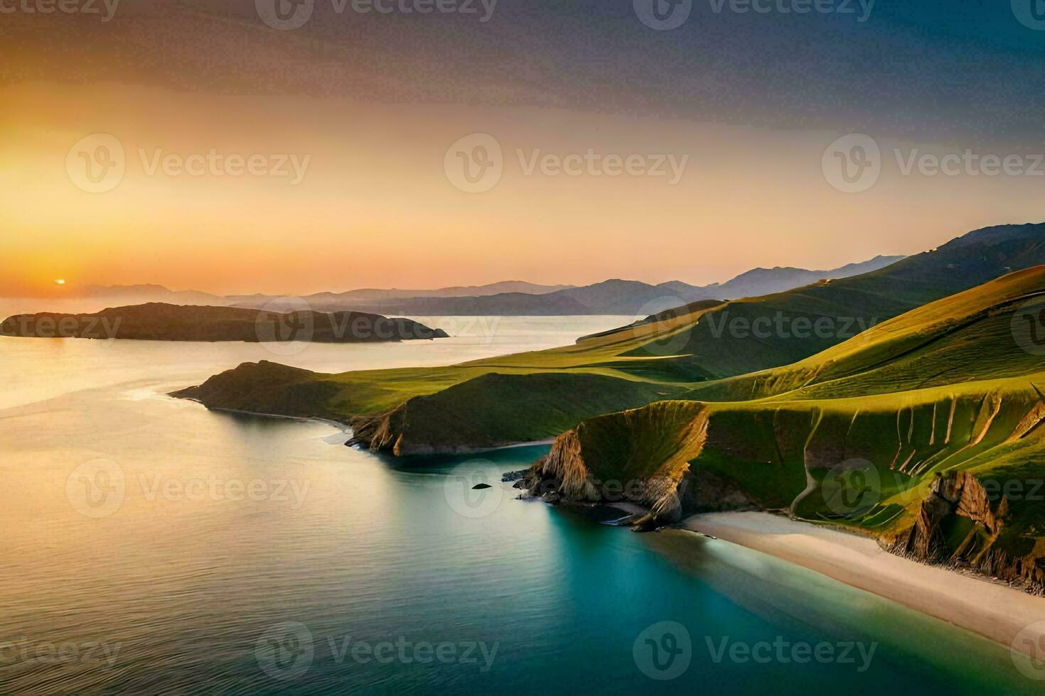 the sun sets over the ocean and hills. AI-Generated photo