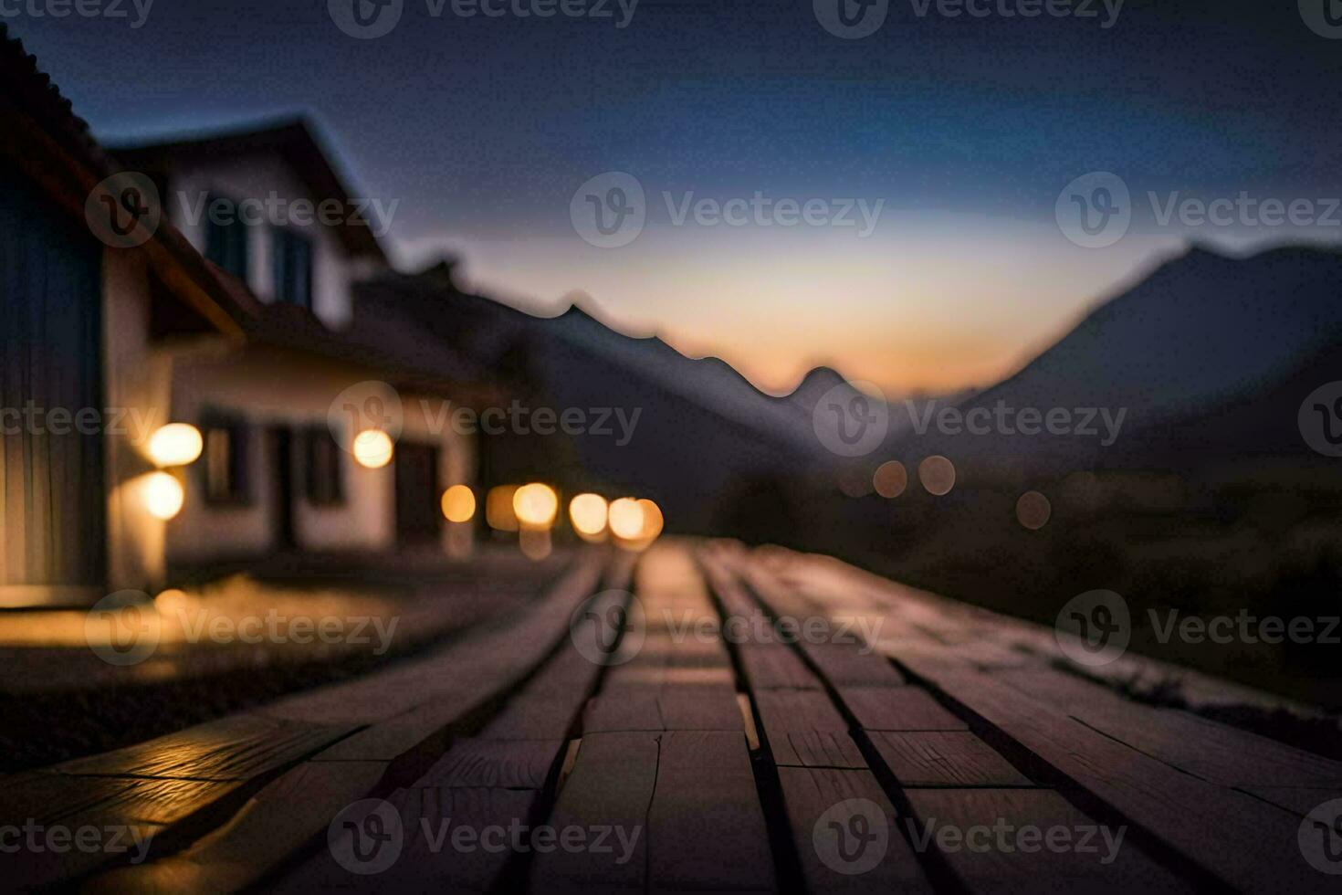 a wooden walkway in front of a house at night. AI-Generated photo