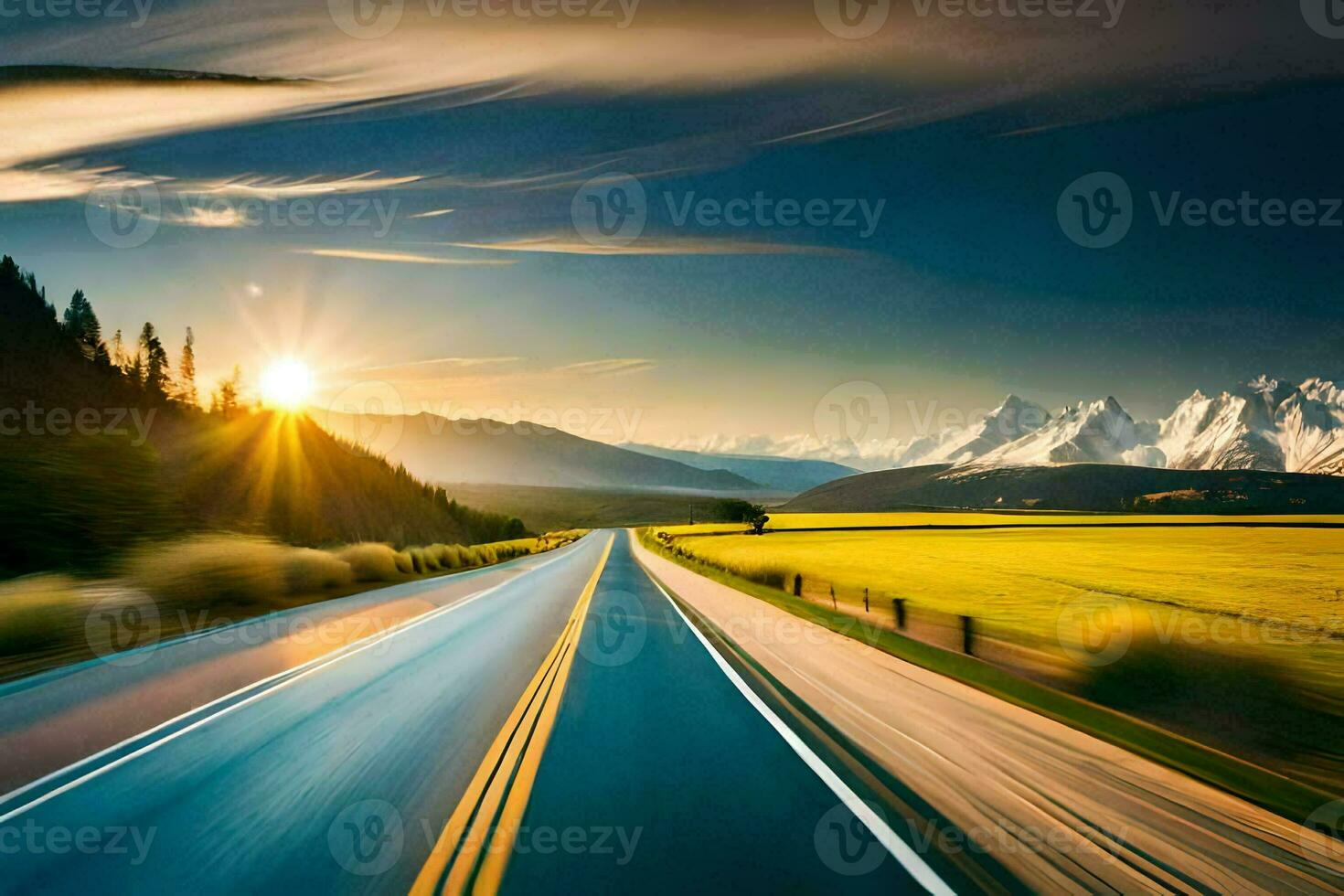 a road with the sun setting over mountains. AI-Generated photo